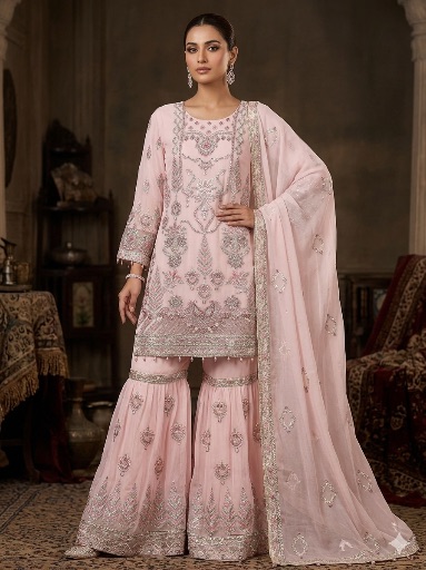 Elegant Chiffon Sharara Three-Piece Set