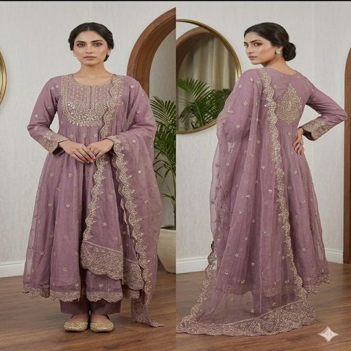 Heavy Stone Embroidered Chiffon Flared Kurta Set