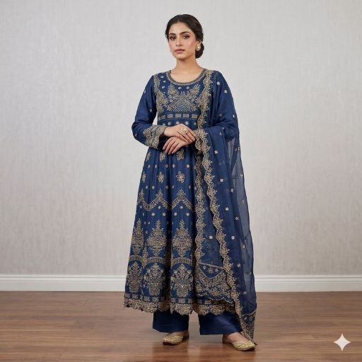 Heavy Stone Embroidered Chiffon Flared Kurta Set