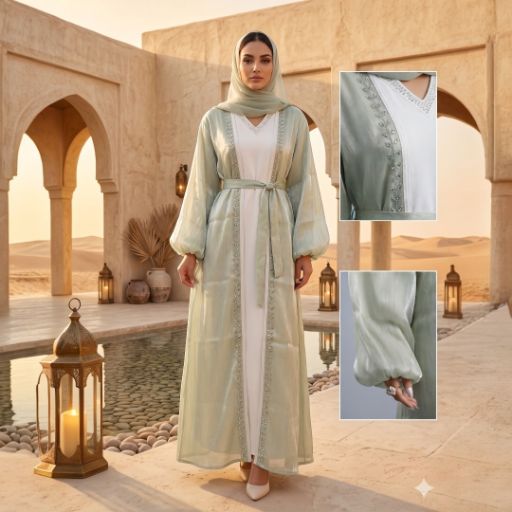 Balloon-Sleeve Organza Abaya with Matching Belt Premium 4-Piece