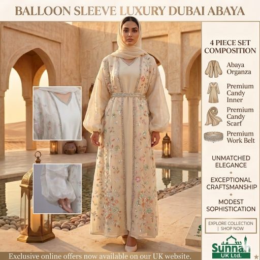 The Royal Style Balloon-Sleeve Embroidered Abaya Set Premium 4 Pieces