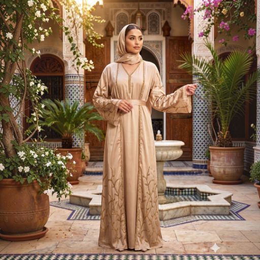 Premium Silk Satin Embroidered Dubai Abaya 4-Piece Set - Luxury Open Front Gown with Rhinestone Vine Detail, Matching Hijab & Belt