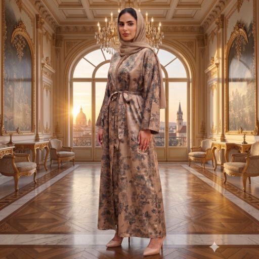 Premium Floral Satin Abaya Set with Matching Inner & Hijab 4-Piece Complete Set