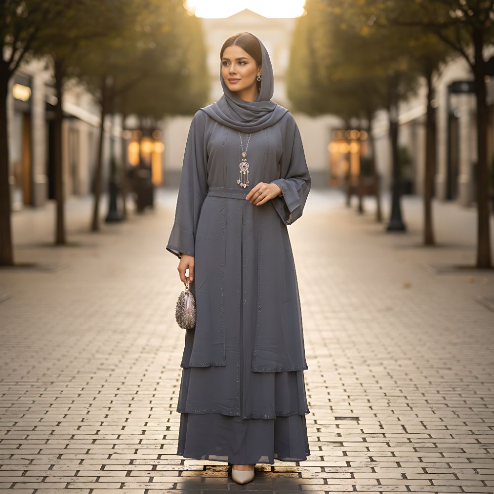 Elegant  Layered Abaya with Matching Hijab & Waist Belt