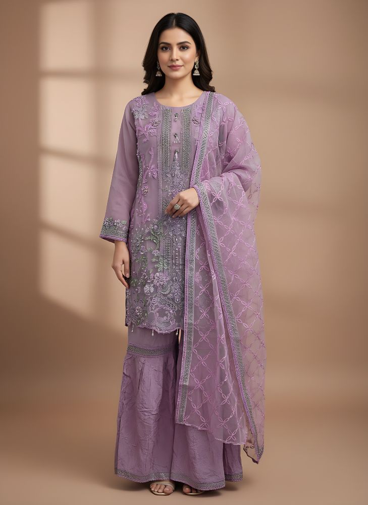 Elegant Mauve Pink Embroidered Organza Gharara Set &ndash; 3 Piece