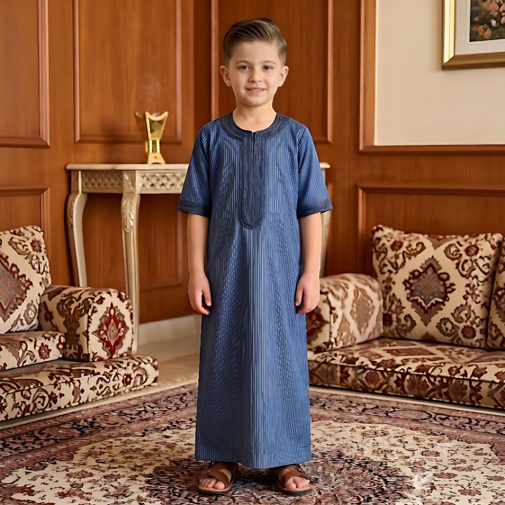 Kids Moroccan Style Half-Sleeve Jubbah | Striped Islamic Wear