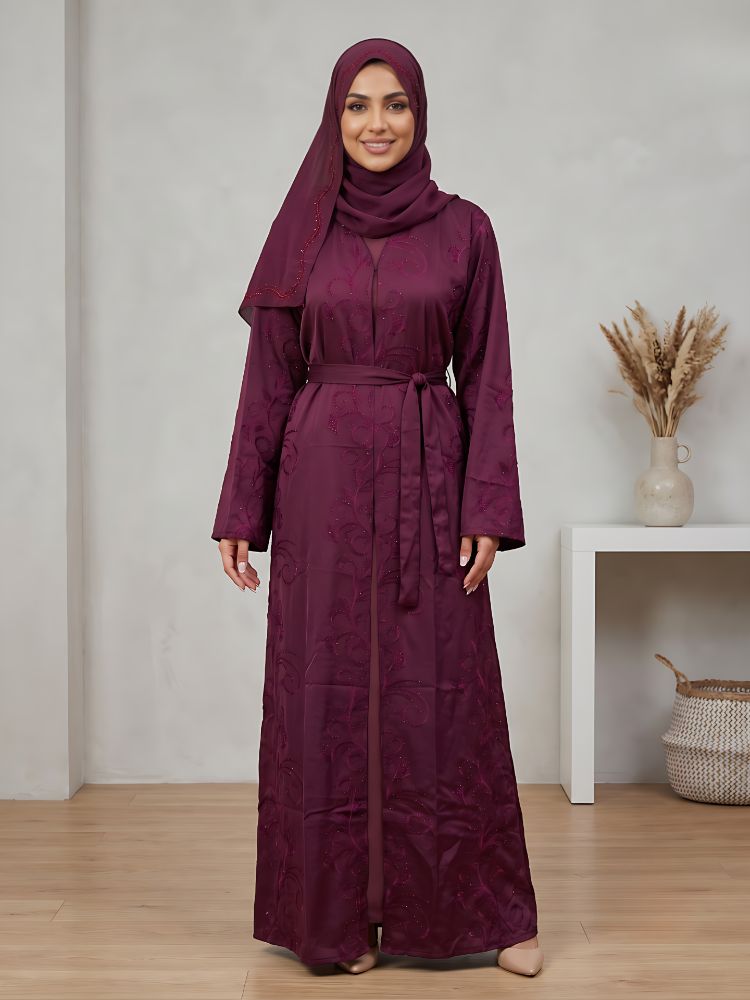 Elegant Embroidered Abaya Set with Matching Hijab & Belt