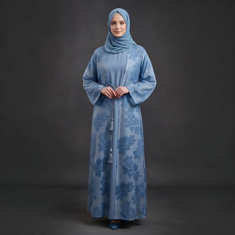 Elegant 4-Piece Velvet Floral Embroidered Abaya Set