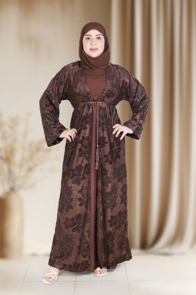 Elegant 4-Piece Velvet Floral Embroidered Abaya Set