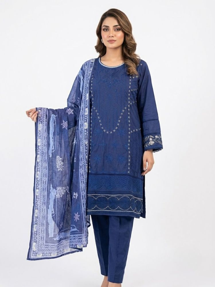 Midnight Navy Embroidered 3-Piece Lawn Suit
