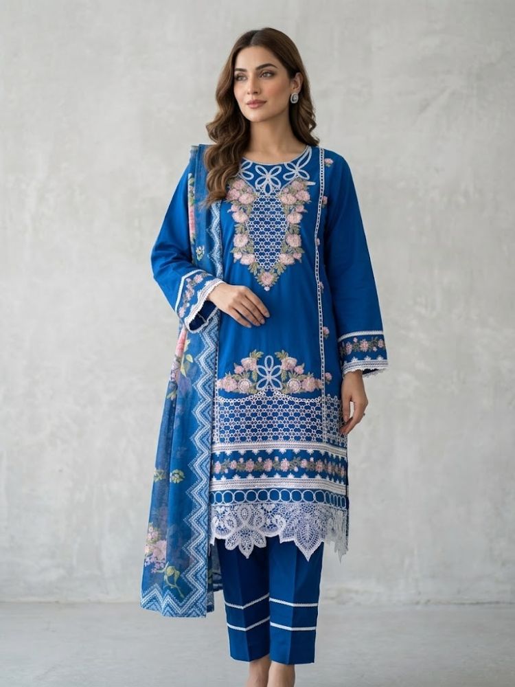 Floral Embroidered 3-Piece Schiffli Lawn Suit