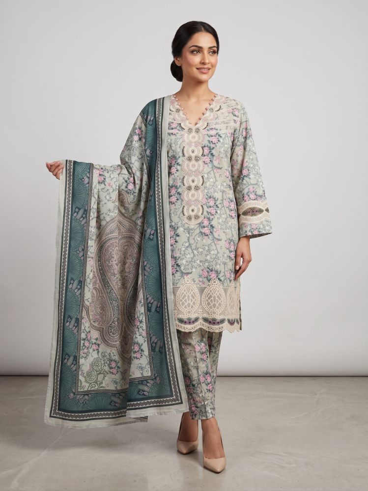 Sage Blossom Embroidered 3-Piece Lawn Suit