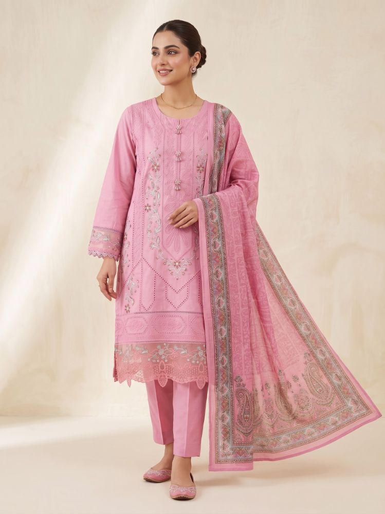 Blush Pink Embroidered & Lace 3-Piece Lawn Suit