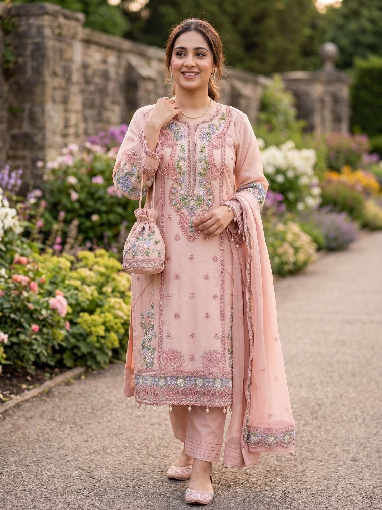 Dusty Rose Hand-Embroidered 3-Piece Organza Suit