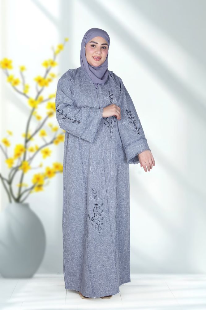 Elegant Embroidered Linen 4-Piece Abaya Set