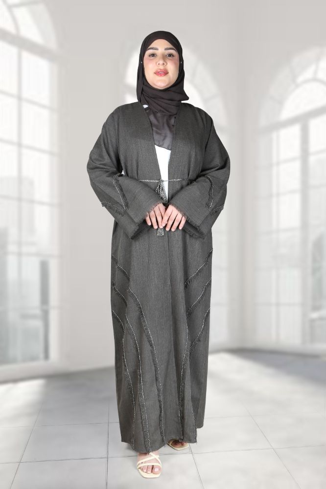 Charcoal Grey Structured Raw-Fringe 4-Piece Abaya Set