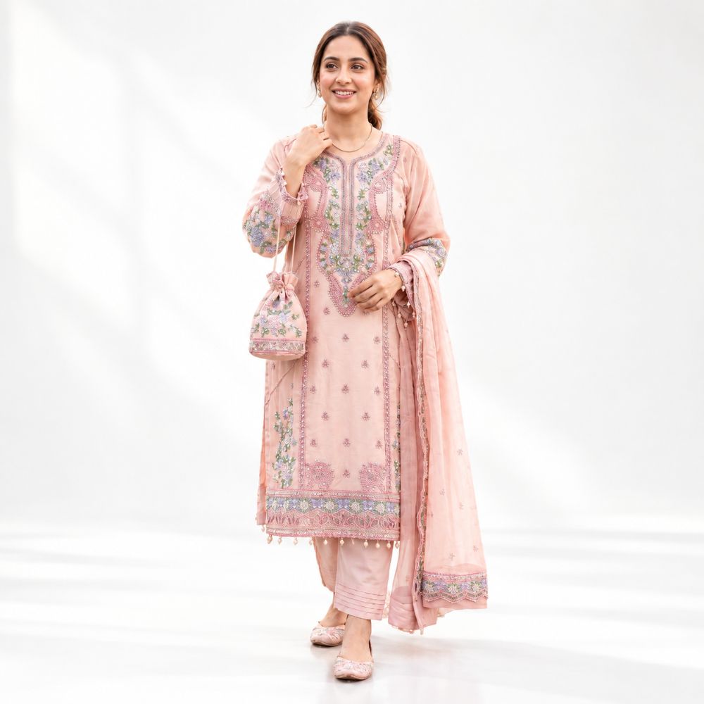 Dusty Rose Hand-Embroidered 3-Piece Organza Suit