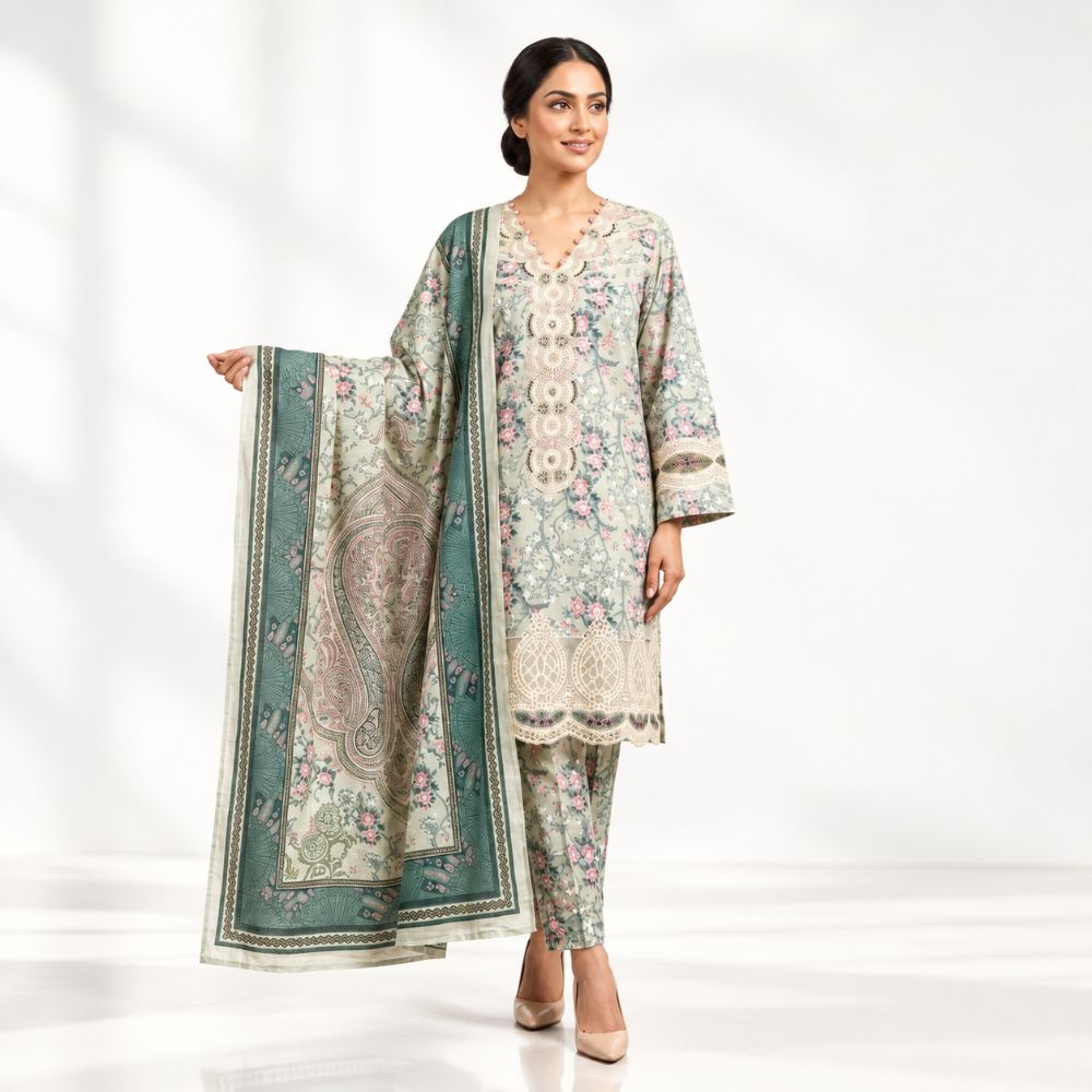 Sage Blossom Embroidered 3-Piece Lawn Suit