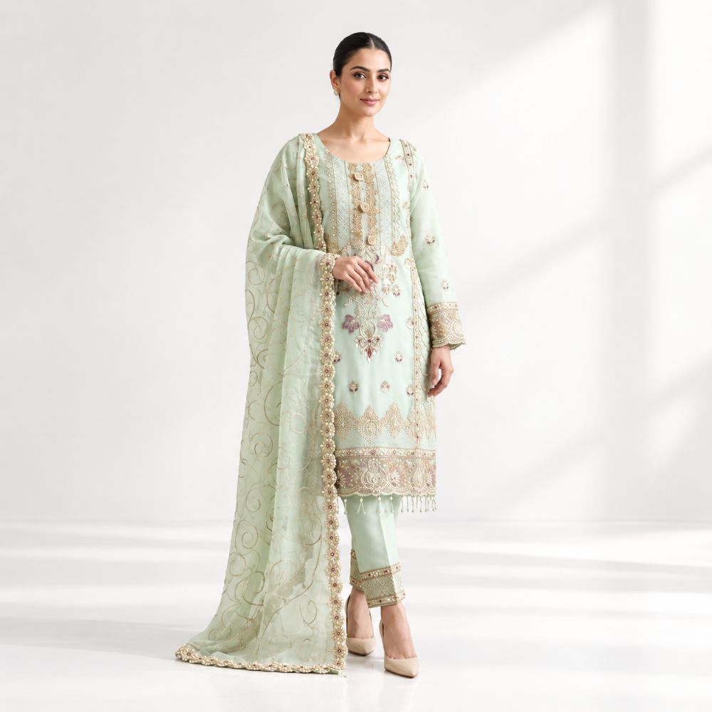 Pure Organza Embroidered & Embellished 3-Piece Formal Suit