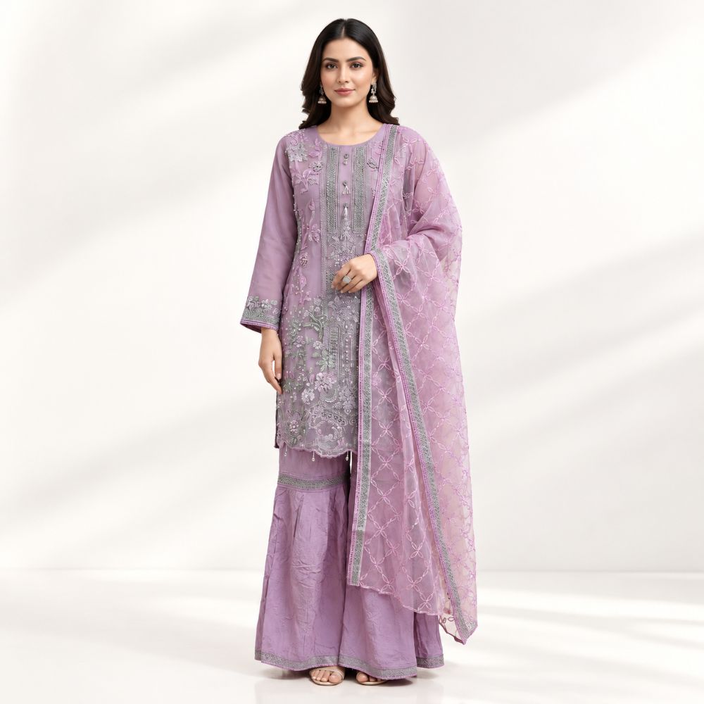 Elegant Mauve Pink Embroidered Organza Gharara Set &ndash; 3 Piece