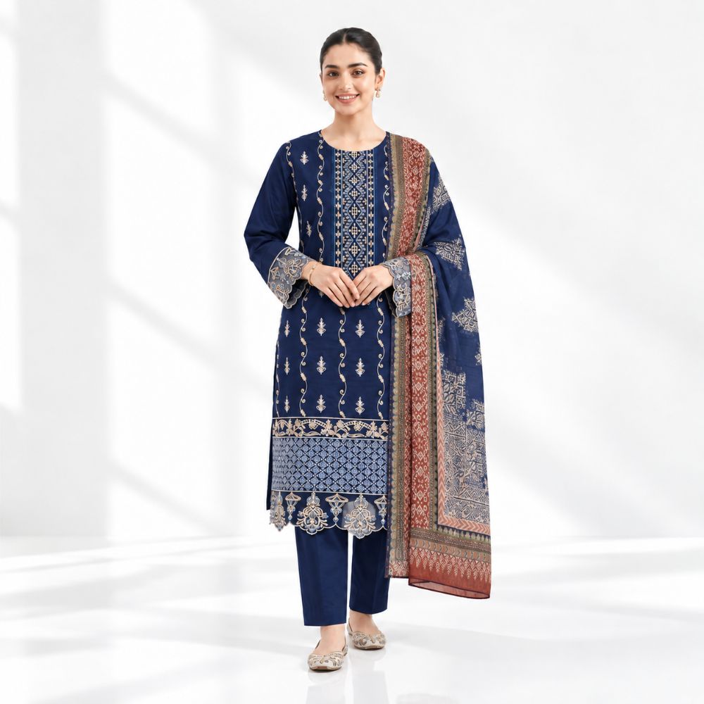 Navy Blue Embroidered Cotton 3-Piece Suit