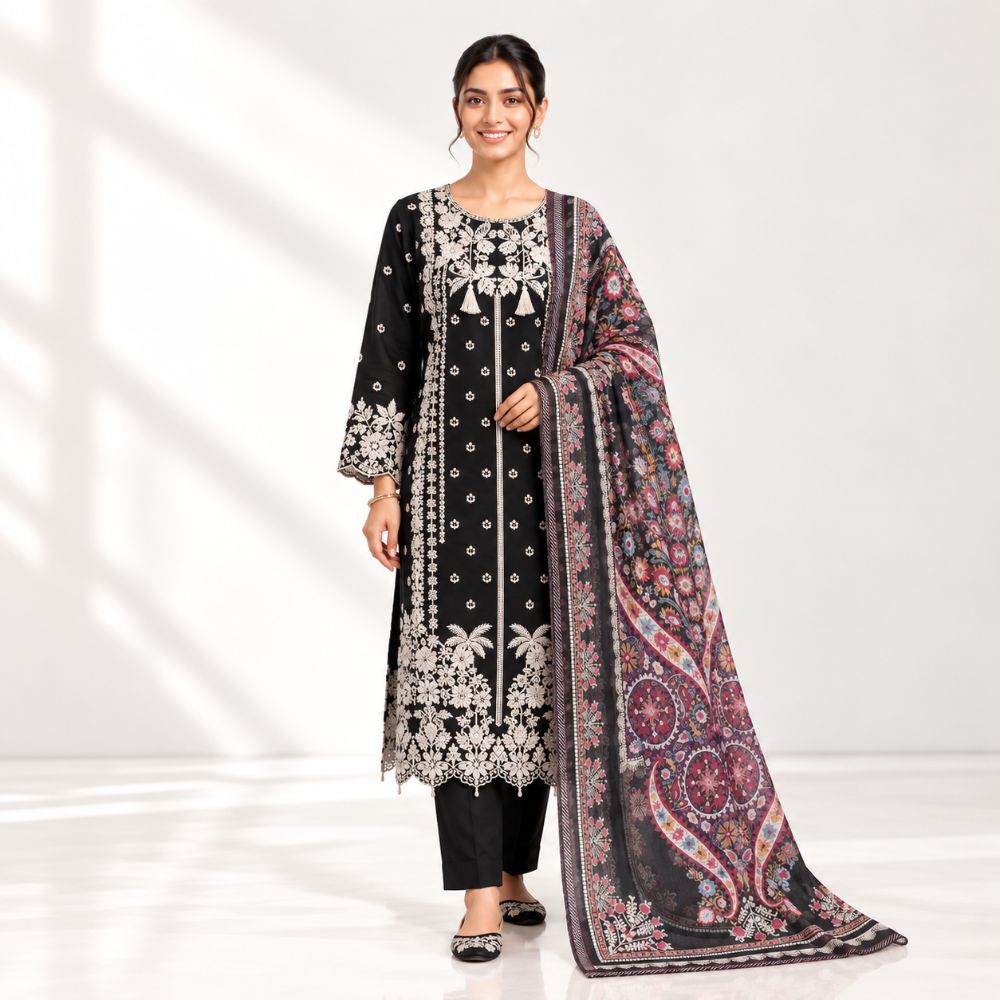 Black Embroidered 3-Piece Lawn Cotton Suit