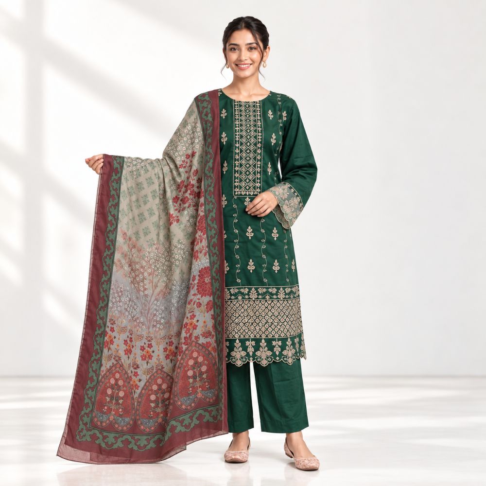 Emerald Green Embroidered 3-Piece Cotton Suit