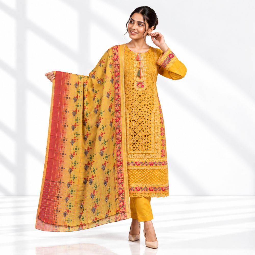 Mustard Yellow Embroidered 3-Piece Cotton Suit