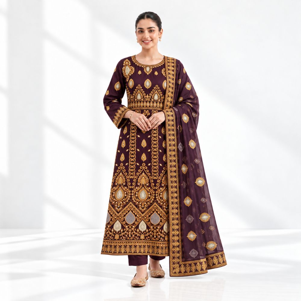 Elegant Embroidered Long Dress &ndash; 3 Piece Modest Dress Set
