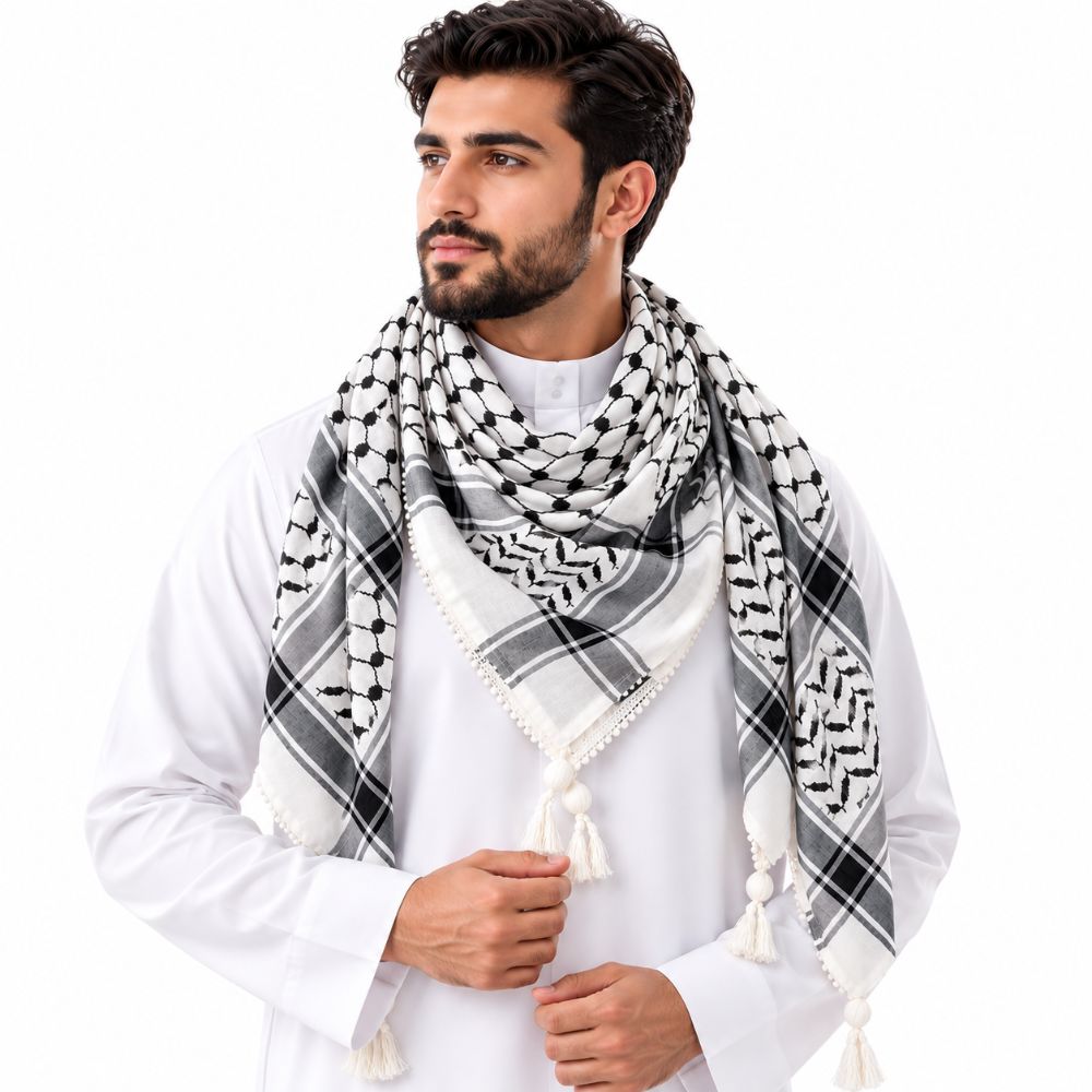 Black & White Keffiyeh Scarf – Traditional Arabic Shemagh with Tassels