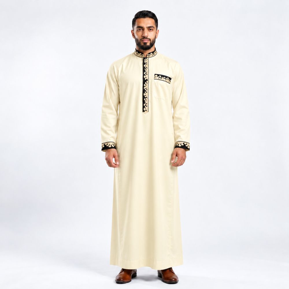 Premium Soft Silk Thobe – White, Cream & Gold