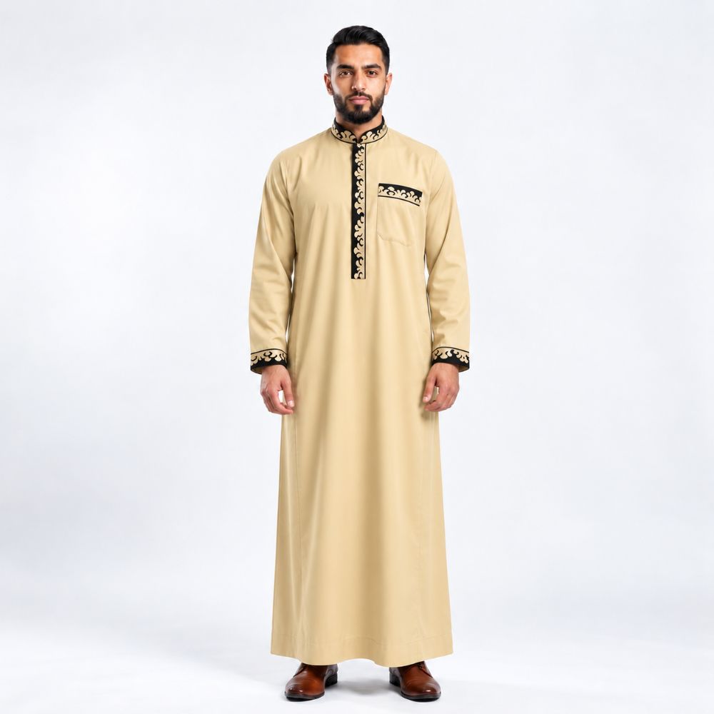Premium Soft Silk Thobe – White, Cream & Gold
