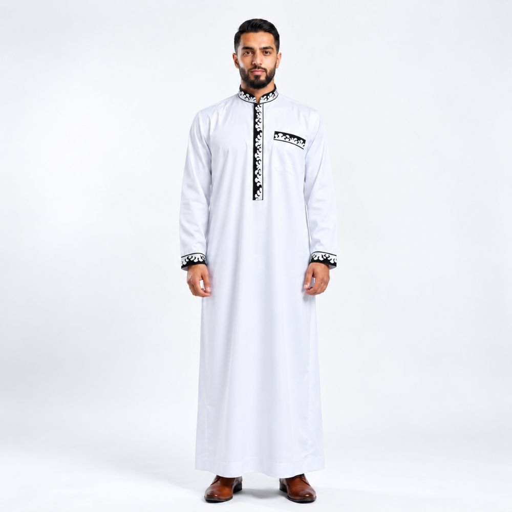 Premium Soft Silk Thobe – White, Cream & Gold