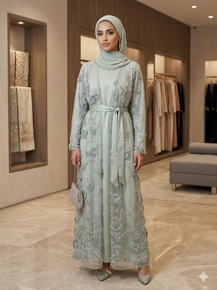 Luxury Floral Embroidered Party Abaya Set