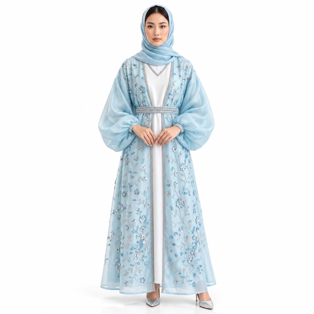 The Royal Style Balloon-Sleeve Embroidered Abaya Set &ndash; Premium 4 Pieces