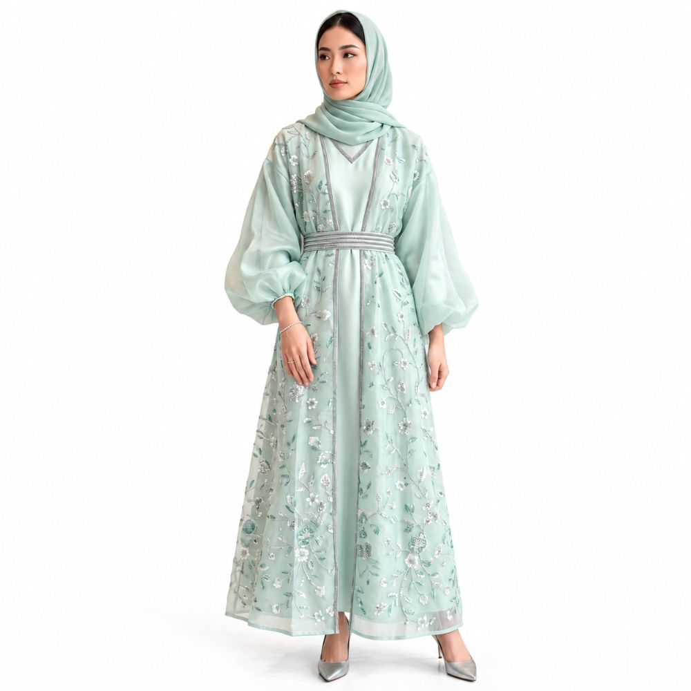 The Royal Style Balloon-Sleeve Embroidered Abaya Set – Premium 4 Pieces