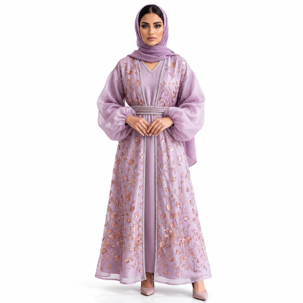 The Royal Style Balloon-Sleeve Embroidered Abaya Set – Premium 4 Pieces