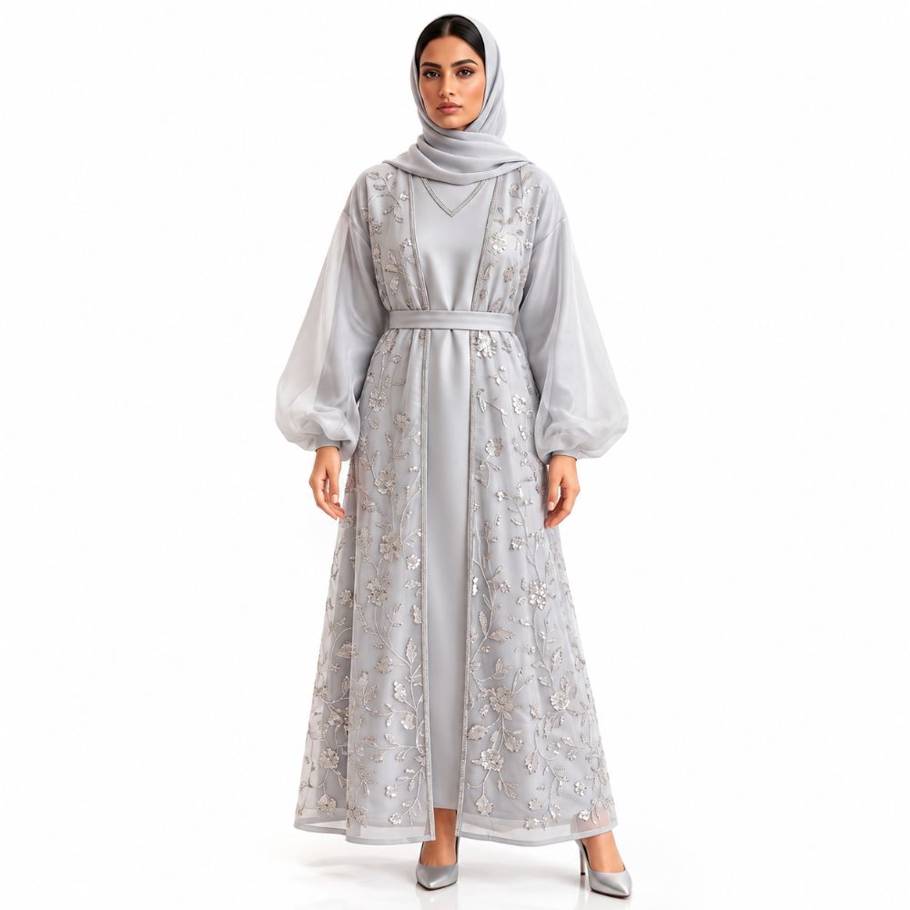 The Royal Style Balloon-Sleeve Embroidered Abaya Set – Premium 4 Pieces