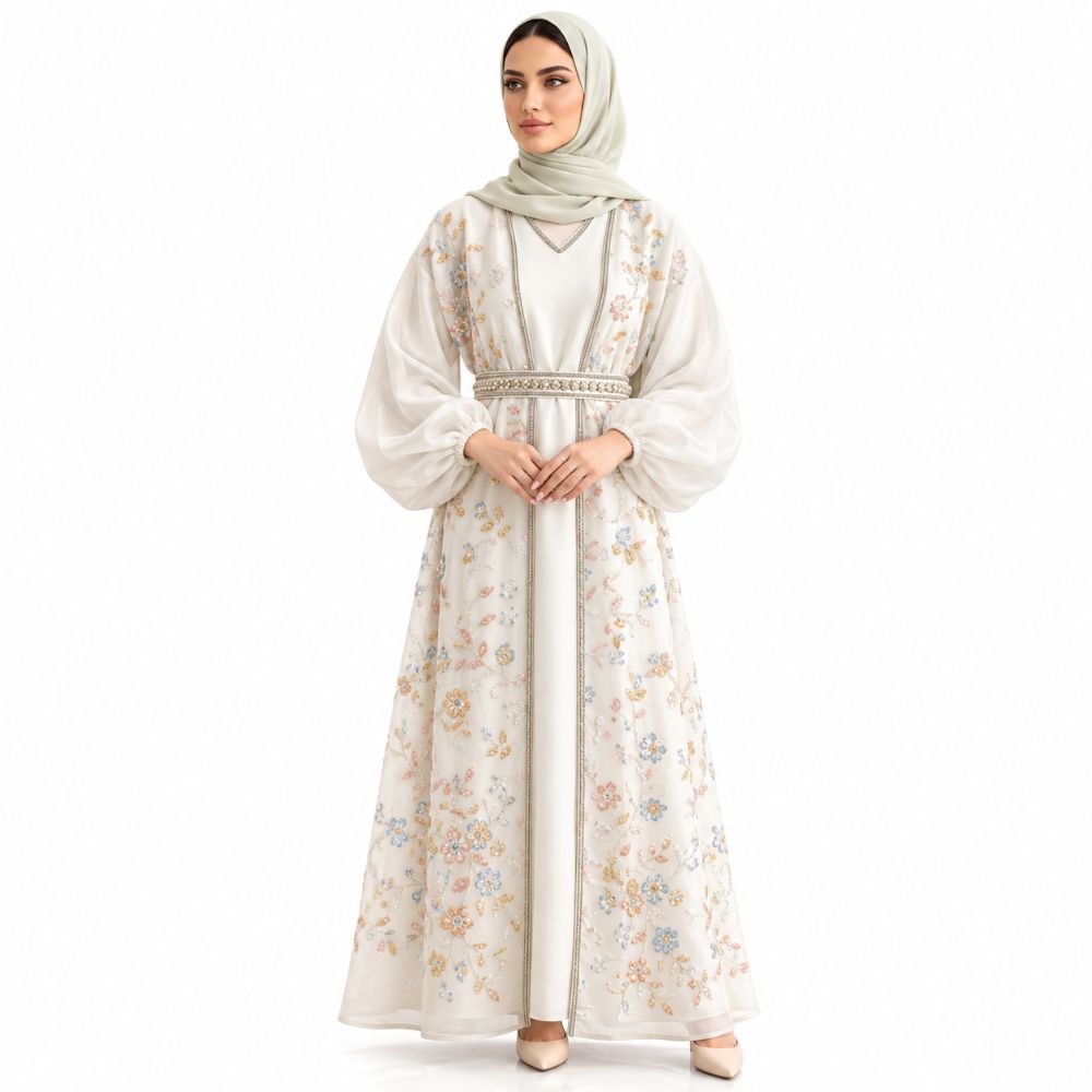 The Royal Style Balloon-Sleeve Embroidered Abaya Set – Premium 4 Pieces
