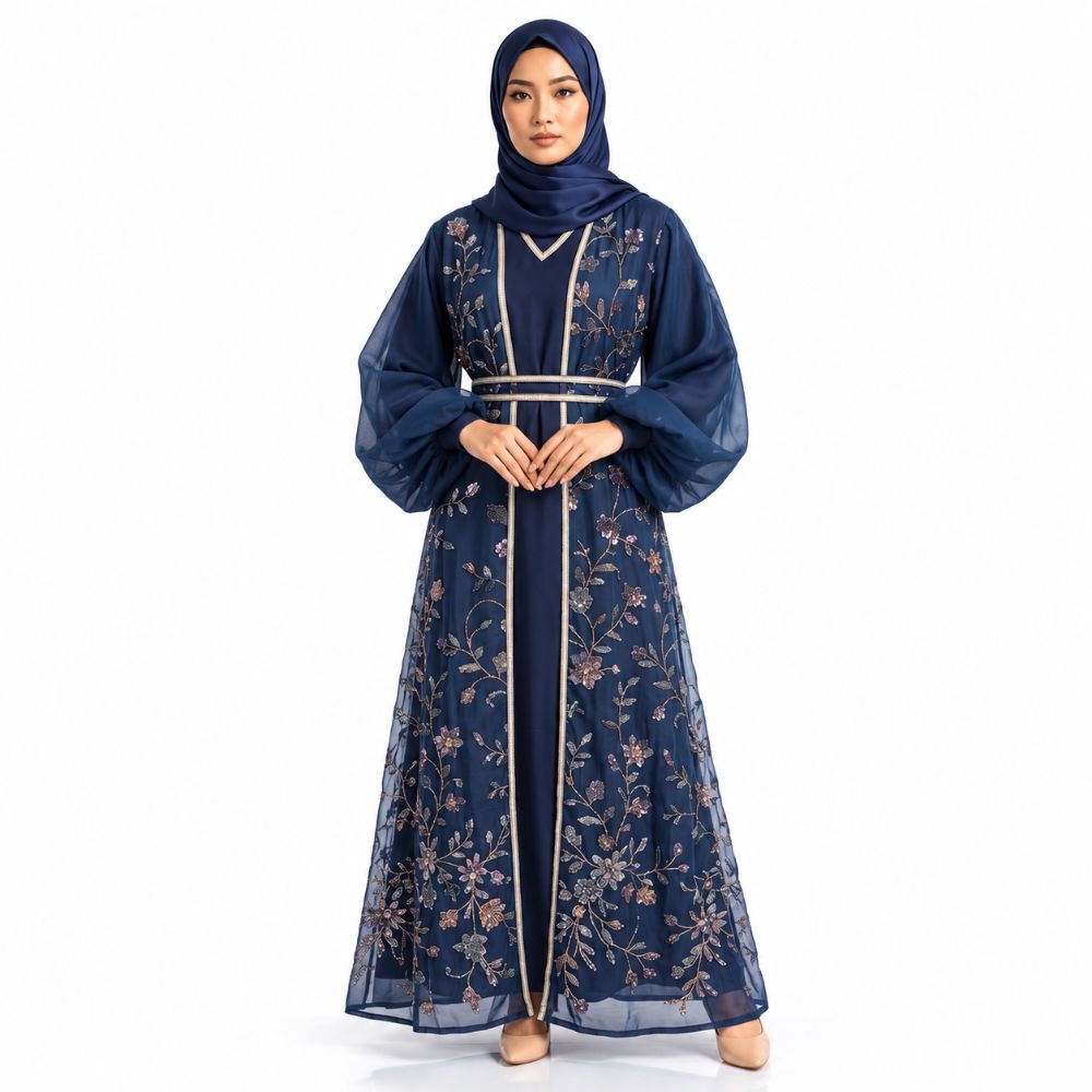 The Royal Style Balloon-Sleeve Embroidered Abaya Set – Premium 4 Pieces