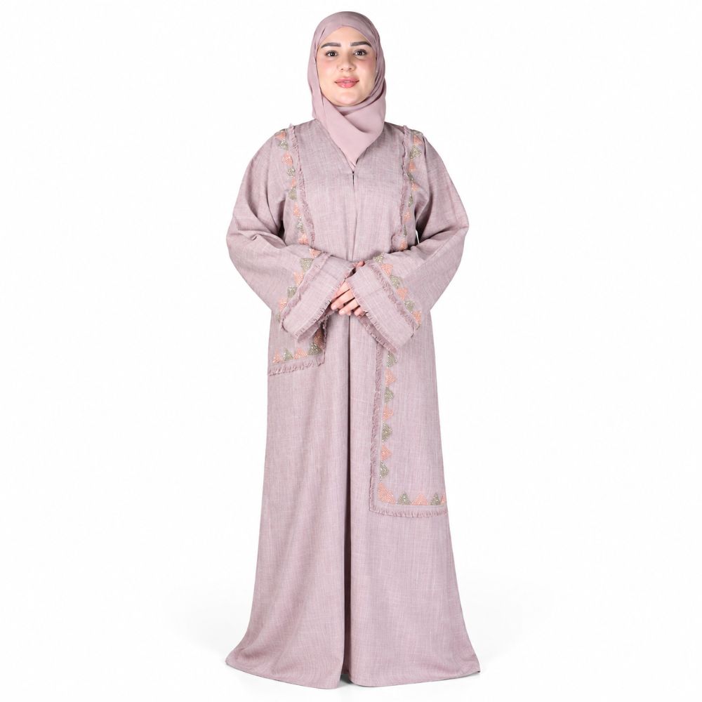 Cotton Linen Abaya with Handwork Detailing Abaya Set &ndash; 4 Piece with Decorative Trim