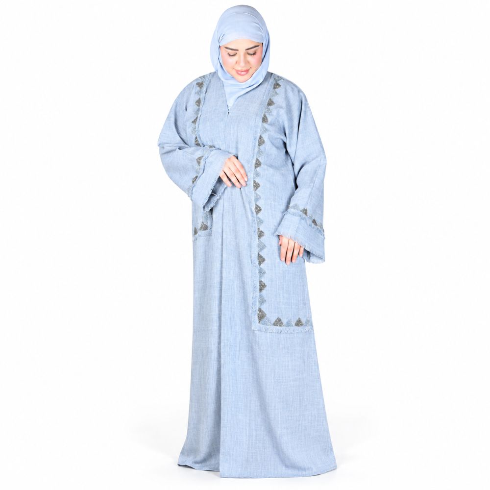 Cotton Linen with Handwork Detailing Abaya Set – 4 Piece with Decorative Trim