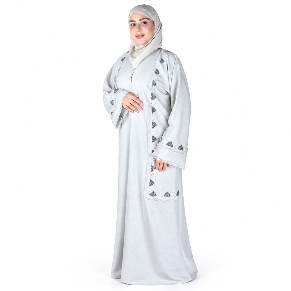 Cotton Linen with Handwork Detailing Abaya Set – 4 Piece with Decorative Trim