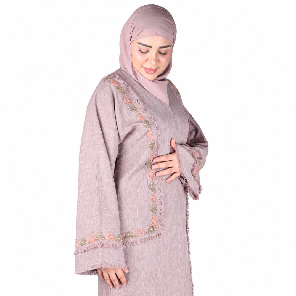 Cotton Linen with Handwork Detailing Abaya Set – 4 Piece with Decorative Trim