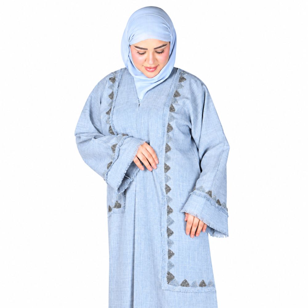 Cotton Linen with Handwork Detailing Abaya Set – 4 Piece with Decorative Trim
