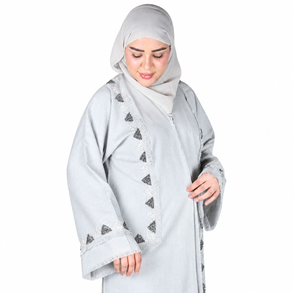 Cotton Linen with Handwork Detailing Abaya Set – 4 Piece with Decorative Trim