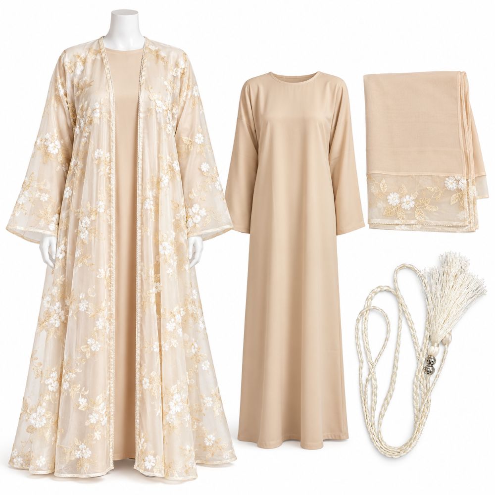 Elegant Beige Embroidered 4-Piece Abaya Set