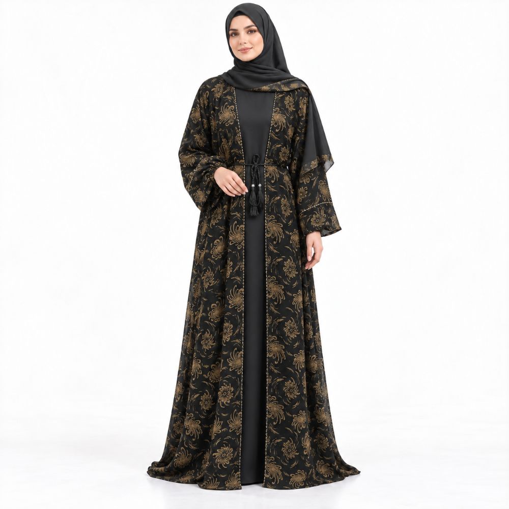 Black Floral Chiffon 4-Piece Abaya Set with Stone Detailing