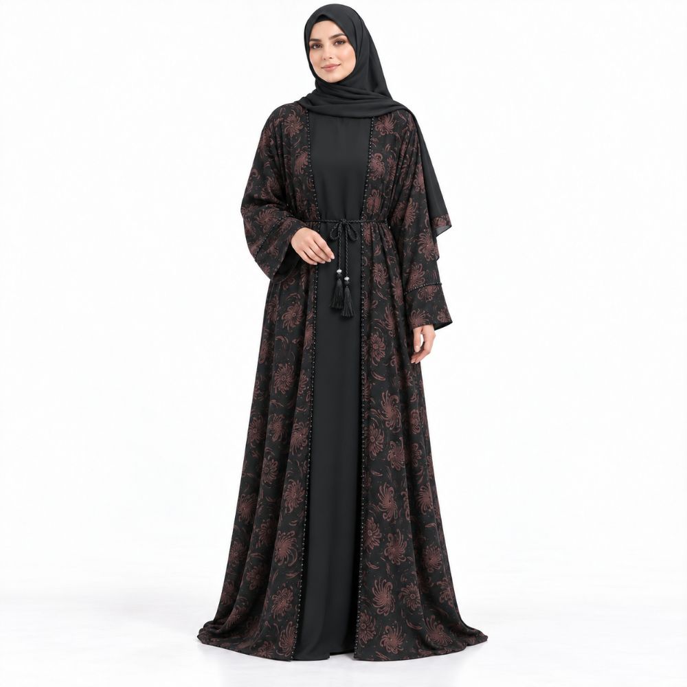 Black Floral Chiffon 4-Piece Abaya Set with Stone Detailing