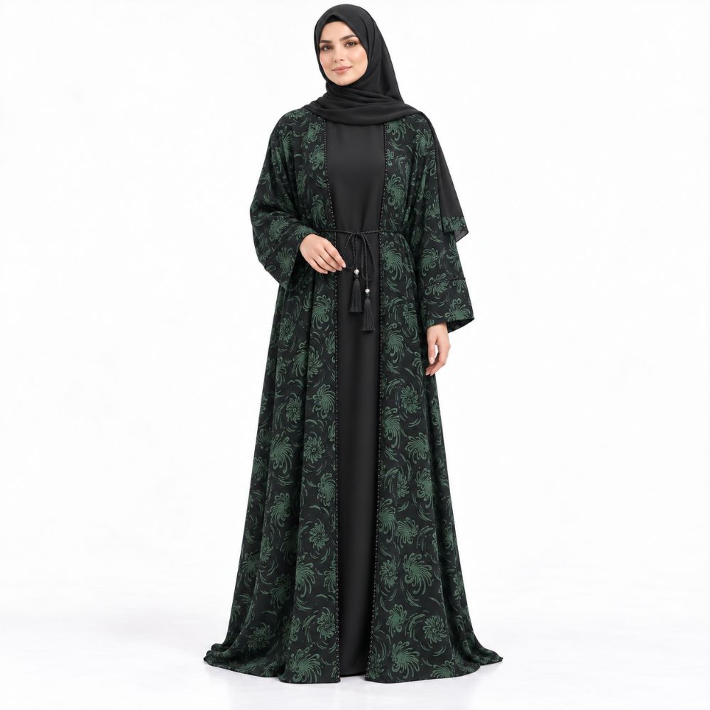 Black Floral Chiffon 4-Piece Abaya Set with Stone Detailing